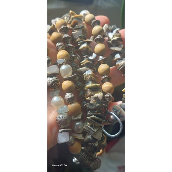 18" 3 strand vintage pearl and abalone with wood and silvertone bead necklace - Picture 8 of 12